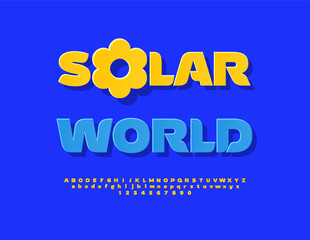 Vector Modern icon Solar World with Creative Sun. Sunny Yellow Alphabet Letters and Numbers. Elegant Bright  Font