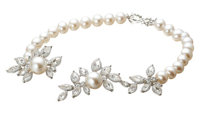 Obraz premium Elegant pearl necklace with floral embellishments displayed on a white background, ideal for bridal accessories or jewelry marketing