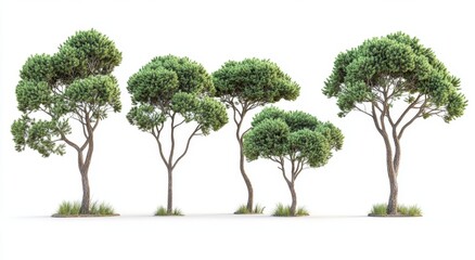 Five pine trees isolated on white background. Lush green foliage and tall trunks.  Natural landscape elements