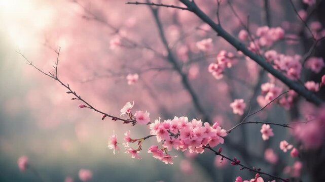 Elegant pink flowers adorn slender branches, as a blurred effect gives the illusion of the blossoms hovering against the vague backdrop.