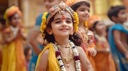 Janmashtami celebration, children dressed as Krishna and Radha, playful atmosphere, temple background,