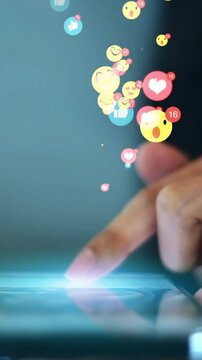 business woman using smartphone ,icons social media fly over showing people engagement connection through social network application platform,Concept viral video and social media marketing, vertical,