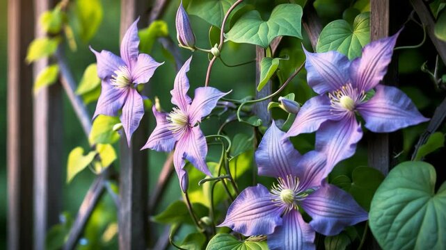 Bluish purple Clematis climbing upward