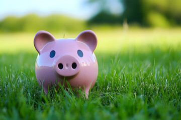 A lush green meadow field with grass and a lawn set against a clear blue sky featuring a piggy bank or piggybank represents a plan for saving money and achieving retirement freedom and