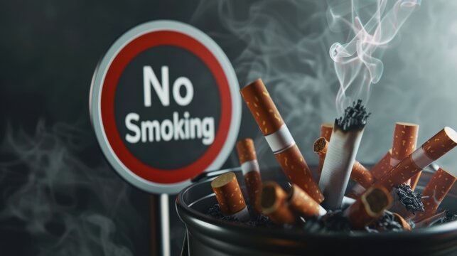 Discarded Cigarette Butts in Trash Can Near No Smoking Sign