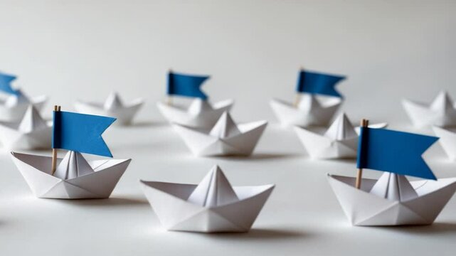 The concept of Leadership: A blue origami paper boat leading others, with one leader steering the surrounding vessels.