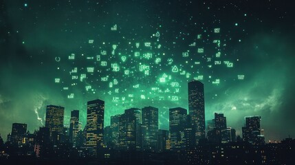 Fototapeta premium City skyline illuminated by digital icons at night