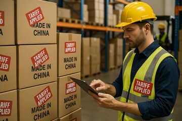 A male warehouse worker wearing a yellow hard hat and high-visibility vest uses a digital tablet to inspect boxes labeled “Made in China” and “Tariff Applied.”