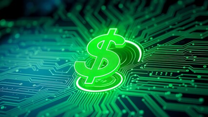 Green digital dollar symbol rising from circuit board symbolizing ESG finance