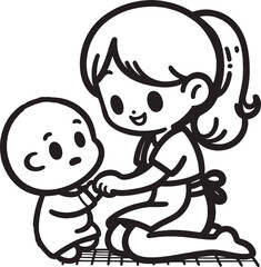 Cute Cartoon-Style Black and White Vector of a Mother and Child Playing Together