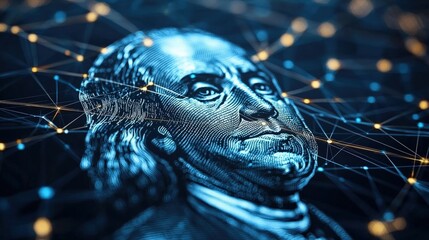 A stylized close-up of Benjamin Franklin's portrait, intricately connected with digital lines, symbolizing innovation and finance.