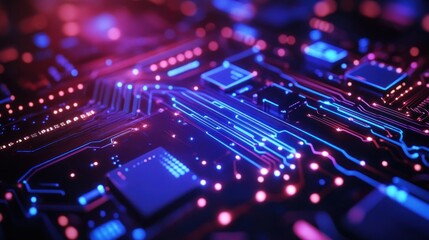 Obraz premium Abstract Circuit Board: Neon Glow in Pink and Blue