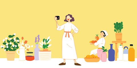 Fototapeta premium An artistic, colorful depiction showcasing a scene, capturing an atmosphere of simplicity and daily life in the modern era, blending elements of freshness, natural beauty, and simple life.