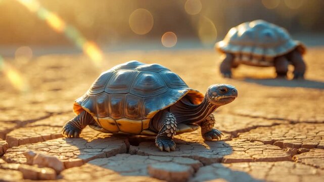 Small tortoise enjoying the sun and taking a break on the ground with its protective shell
