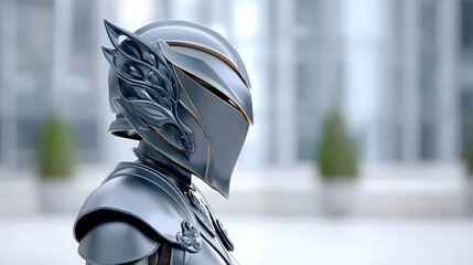Sleek, metallic knight helmet with ornate wings, profile view against blurred cityscape