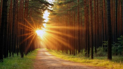 Fototapeta premium Peaceful Pine Forest with Sunlight on Empty Trail