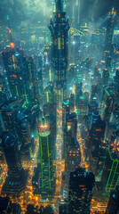 Futuristic Sci-fi Cityscape at Night with Green and Blue Neon Lights, Modern Skyscrapers, Advanced Architecture, Vibrant Urban Environment, High-Tech Metropolis, Cyberpunk City