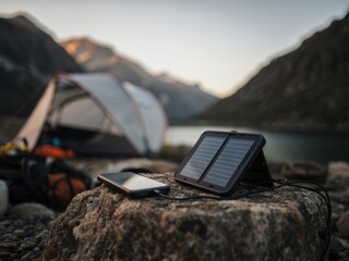 Camping in the mountains at sunset with solar charger and smartphone near tent and lake