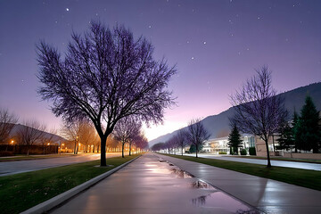 Starry twilight over a tree-lined avenue, reflecting in wet pavement
