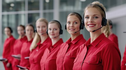 Obraz premium A group of women in red uniforms wearing headsets, smiling and engaged in a professional environment, likely in customer service or support roles.