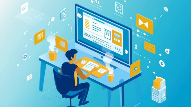 An illustration of a person working at a digital workstation, surrounded by floating interface elements and digital tools, symbolizing productivity, software development, and modern digital workflow. 