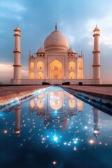 Obraz premium Stunning Taj Mahal glowing in blue with futuristic technology reflections on water at dusk