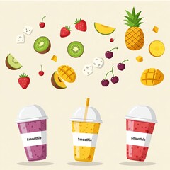 Flat illustration style product design of smoothie cups with fruit ingredients floating above