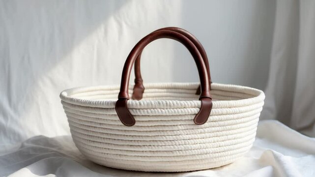 White cotton rope basket with handles, designed in a coiled style