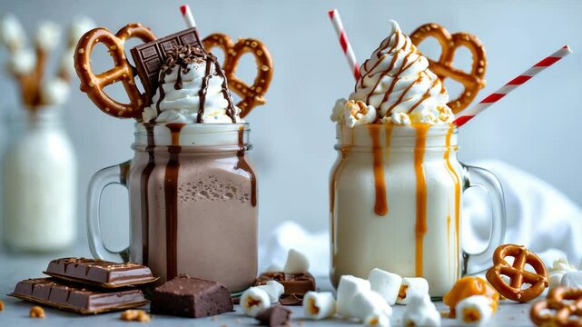 Indulgent extreme milkshakes with caramel, chocolate, brezel waffles, popcorn, marshmallow, ice cream, and whipped cream.