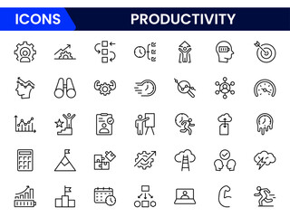 Vector illustration web line icon collection featuring tools and concepts related to productivity, such as calendars, clocks, checklists, and efficiency symbols.