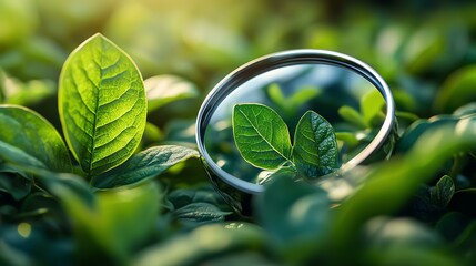 Concept development and solution finding strategies for business innovation Magnifying glass revealing vibrant green leaves. concept development insights for problem solving