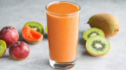 Fototapeta premium A vibrant fruit smoothie in a tall glass, fresh fruits nearby,