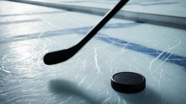 Close-up of a black hockey stick and rubber puck on an icy surface. Blank area for text.