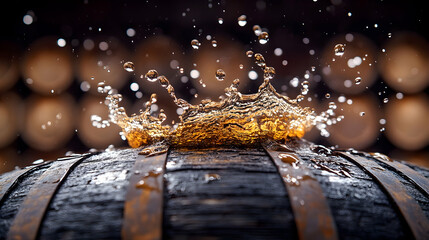 Golden liquid splash on aged wooden barrel