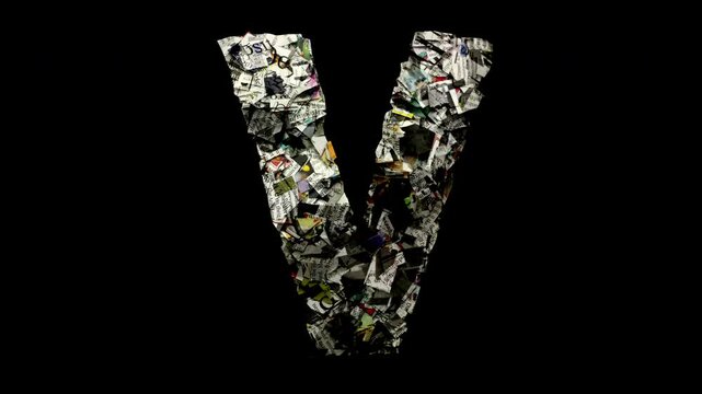 Letter V with cut up newspaper isolated on black 