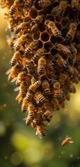 Obraz premium A cluster of bees suspended from a ceiling, their delicate wings shimmering in the light. The bees are closely packed together, showcasing their vibrant yellow and black stripes.