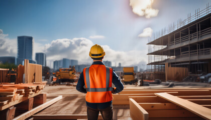 Un hombre trabajador de la construcción con chaleco y casco de seguridad manejando una grúa en una obra de un futuro edificio