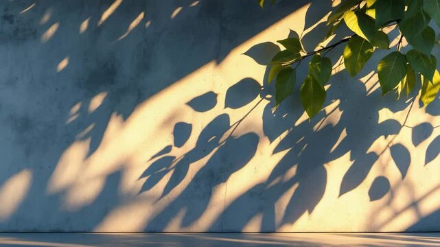 Abstract backdrop of leaf light and shadow. Natural shadows and diagonal sunlight refraction on a textured concrete wall. Shadow overlay effect for foliage mockup, graphic design for a banner.