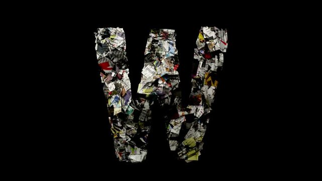 Letter W with cut up newspaper isolated on black 
