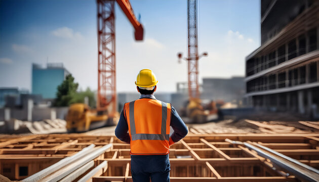 Un hombre trabajador de la construcci&oacute;n con chaleco y casco de seguridad manejando una gr&uacute;a en una obra de un futuro edificio