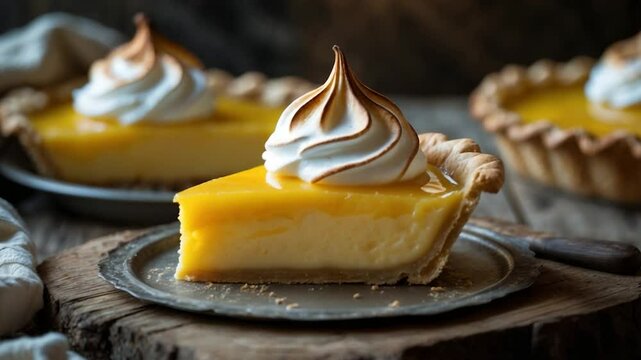 Lemon Pie wedges topped with toasted meringue arranged on a wooden board over a kitchen towel.