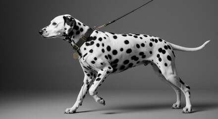 Dalmatian dog walking in profile with black leather collar and leash, studio shot with smooth gray backdrop.
