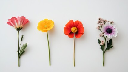 A display of four vibrant flowers in varying colors.