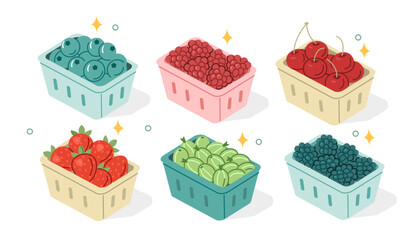 Various berries in supermarket carton boxes. Strawberry, blueberry, cherry, raspberry, gooseberry and blackberry set. Healthy eating concept. Isometric vector illustration. © Irina Strelnikova