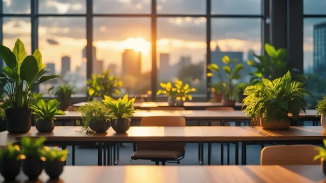 Blurred view of an office interior with large windows, plants, and wooden desks at sunset. Modern workplace and city greenery theme. Designed for poster and wallpaper use. Spate.