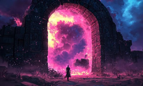 Ancient archway, mystical portal, glowing sky.