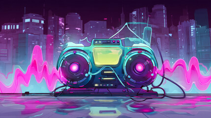 Neon futuristic boombox in cyberpunk cityscape with vibrant sound waves