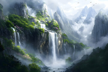 Majestic waterfalls cascade down lush, mountainous terrain.