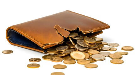 A torn wallet spills coins, symbolizing financial struggles and the importance of money management.