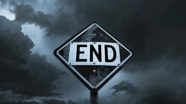 Black and white footage of a diamond-shaped traffic sign featuring the word End amidst a stormy sky with lightning and a blue-toned ambiance.